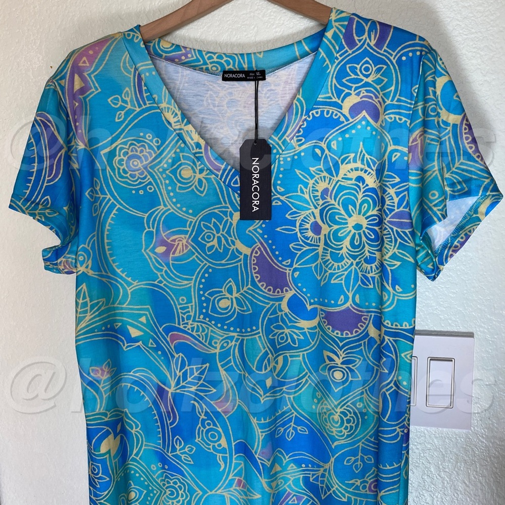 Beachy Tropical Summer Floral Blue Maxi Dress Size L - Picture 3 of 8